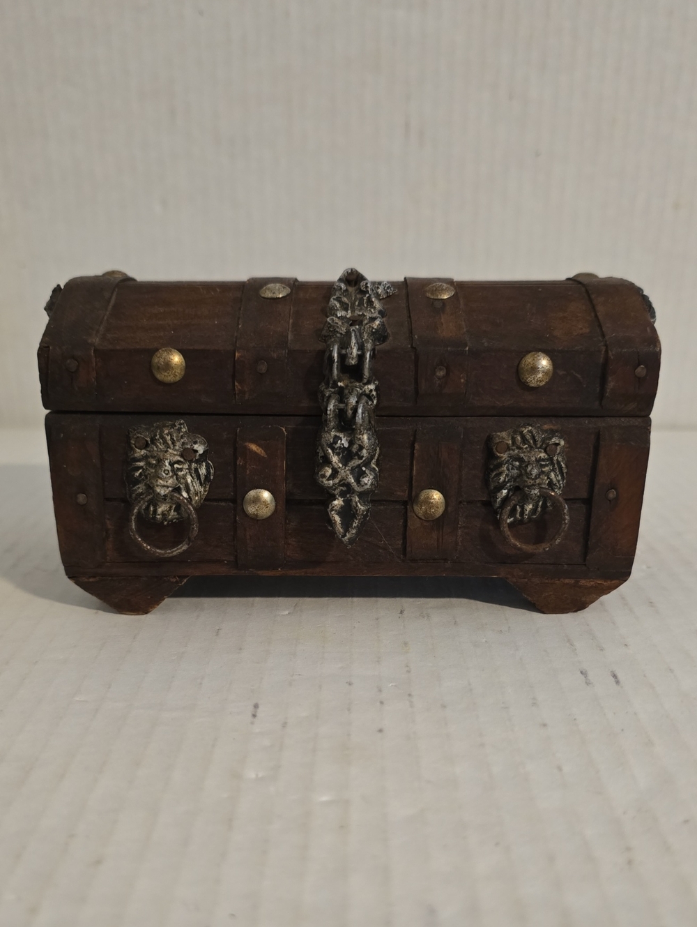 Vintage Wooden Pirate Treasure Chest Jewelry Box with Lion Head Hardware